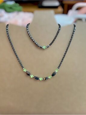 Hematite Bead Necklace Set with Lime Green Accents